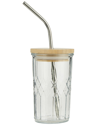 Ib Laursen Glas med bambuslåg og metalsugerør, H12,5 cm
