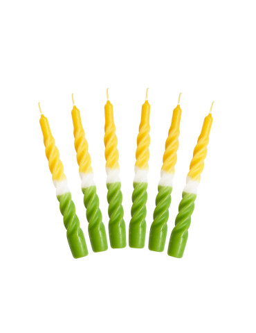 Candles with a twist, gul/hvid/grøn, sæt med 6, H21 cm