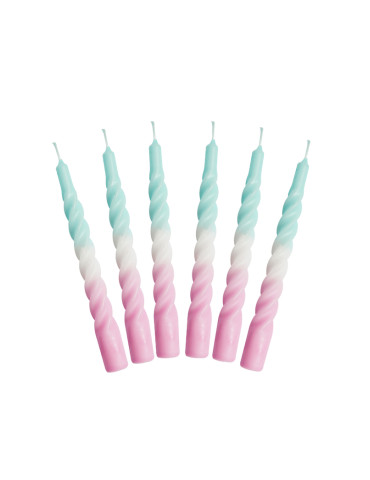 Candles with a twist, lyseblå/hvid/pink, sæt af 6, stearin, H21 cm