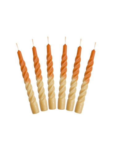 Candles with a twist, orange/brun, sæt af 6, stearin, H21 cm